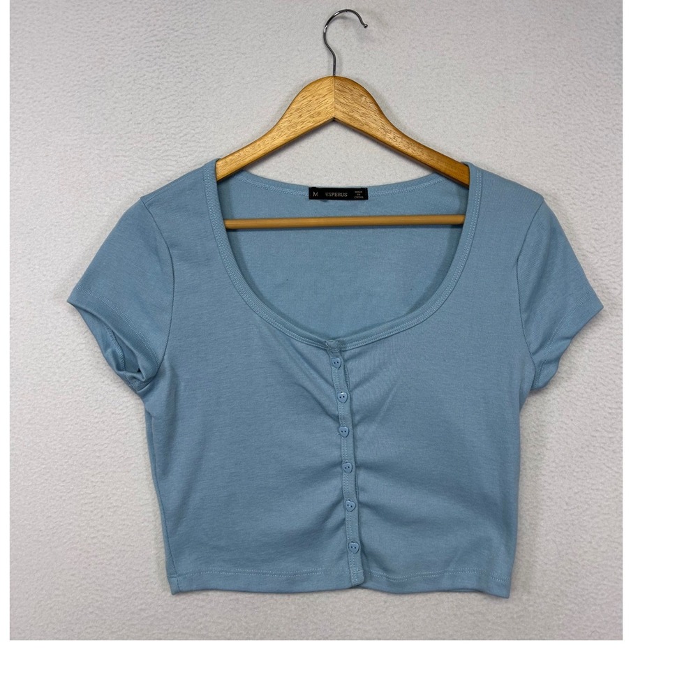 Y2K Coquette Hesperus Womens Size M Blue Ribbed Button Front Crop Top HT1620